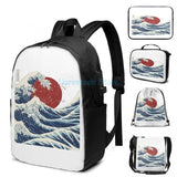Funny Graphic print Great Wave USB Charge Backpack School bags Travel laptop bag