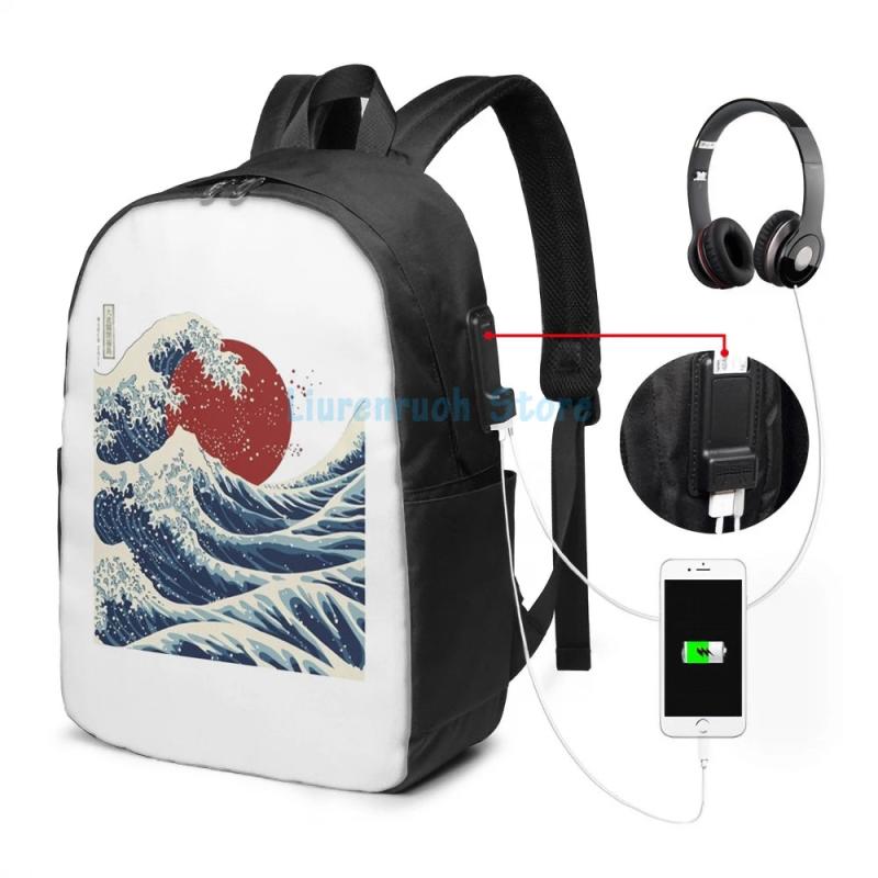 Funny Graphic print Great Wave USB Charge Backpack School bags Travel laptop bag
