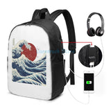 Funny Graphic print Great Wave USB Charge Backpack School bags Travel laptop bag