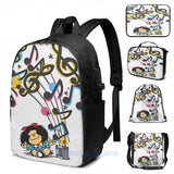 Mafalda Music Vintage USB Charge Backpack Men Women School Bag Travel Laptop Bag