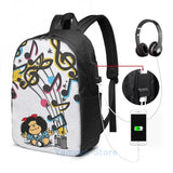 Mafalda Music Vintage USB Charge Backpack Men Women School Bag Travel Laptop Bag