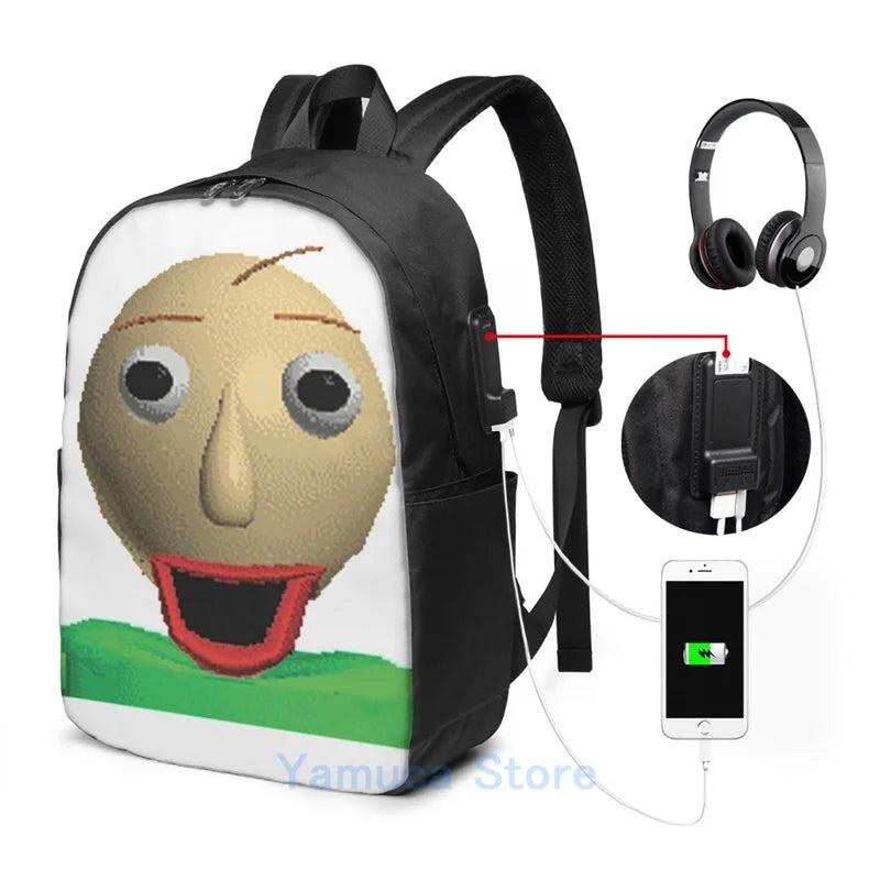 Happy Baldi Graphic Print USB Charge Backpack Men School Travel Laptop Bag