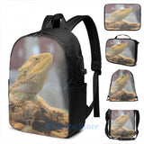 Funny Bearded Dragon USB Charge Backpack School Bag Travel Laptop