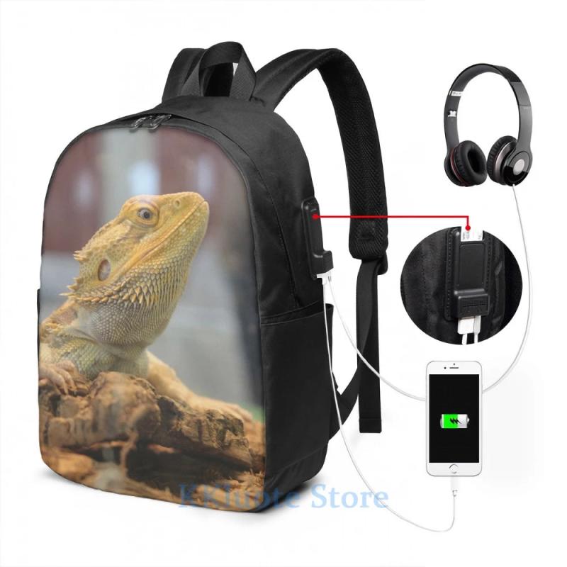 Funny Bearded Dragon USB Charge Backpack School Bag Travel Laptop