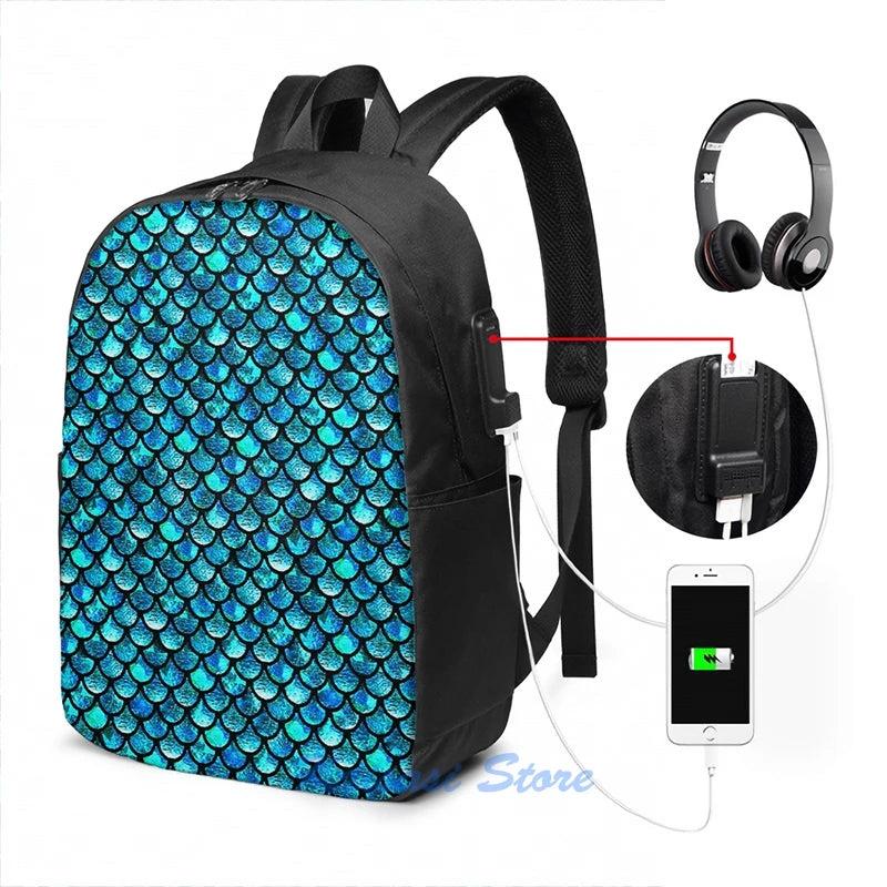 Mermaid Scales Turquoise USB Charge Backpack