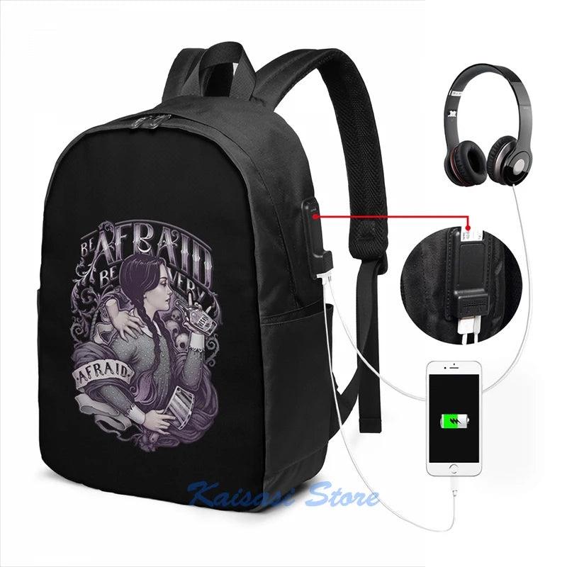 Addams Family USB Charge Backpack, Funny Graphic Print, School Travel Bag