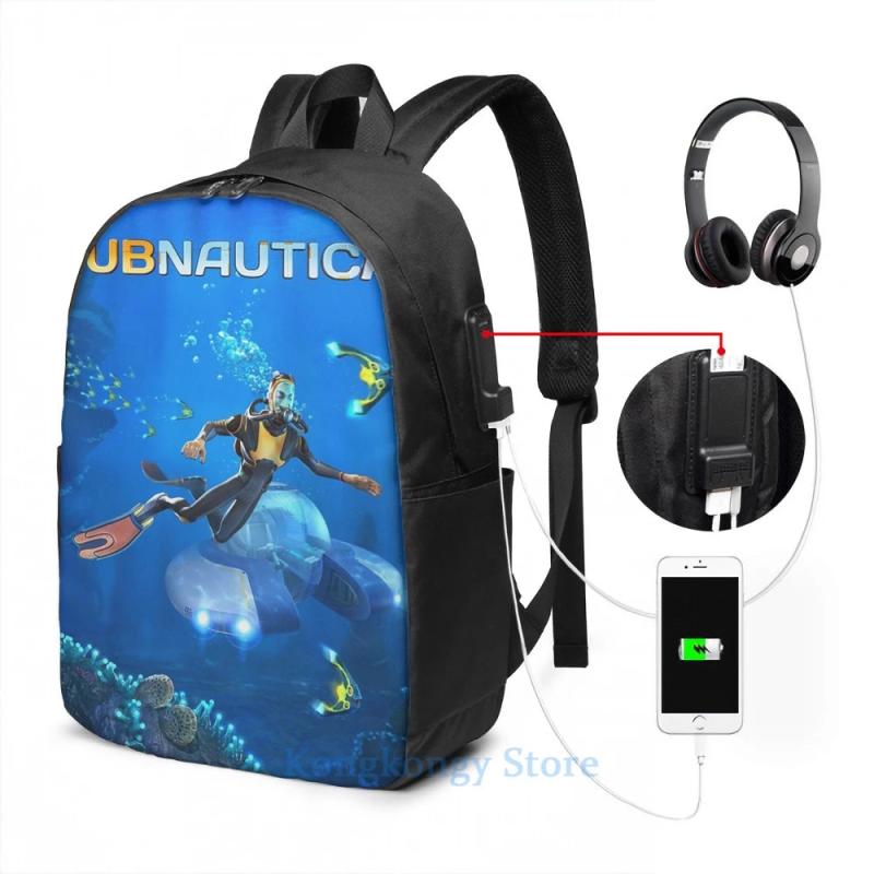Subnautica Game Cover USB Charge Backpack School Travel Laptop Bag