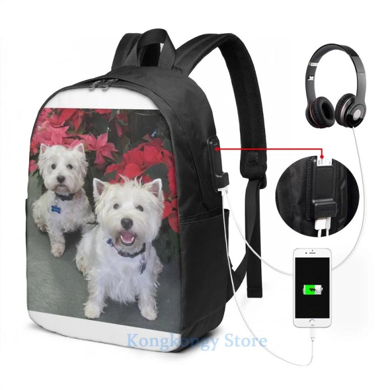 Funny Westie Christmas USB Charge Backpack School Travel Laptop Bag