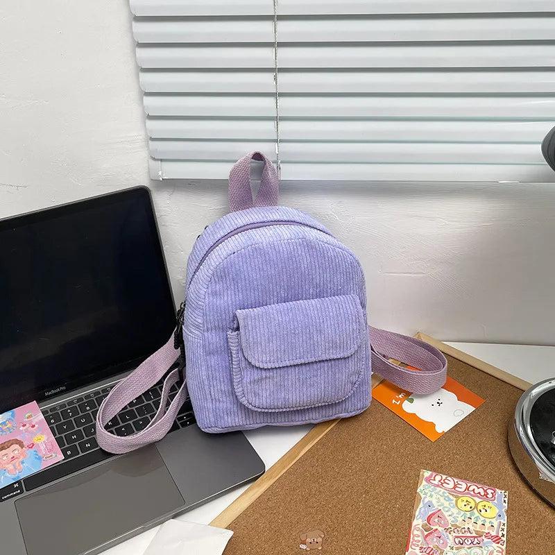 Corduroy Mini Backpack for Women Casual Travel Rucksack