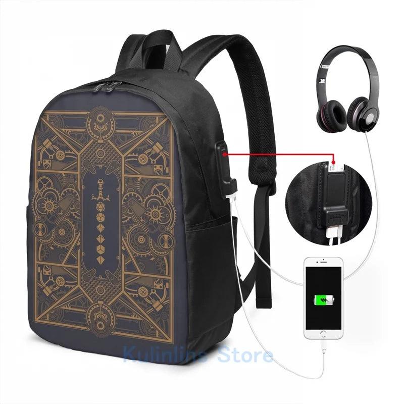 Steampunk Polyhedral Dice Sword USB Charge Backpack School Travel Laptop Bag