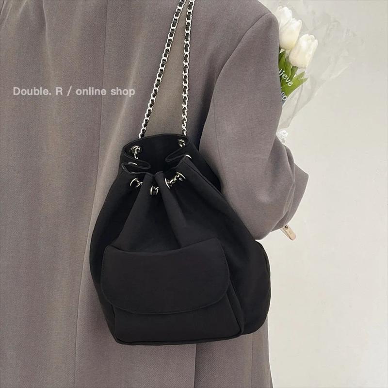 Women's Casual Drawstring Chain Bucket Bag Nylon Backpack