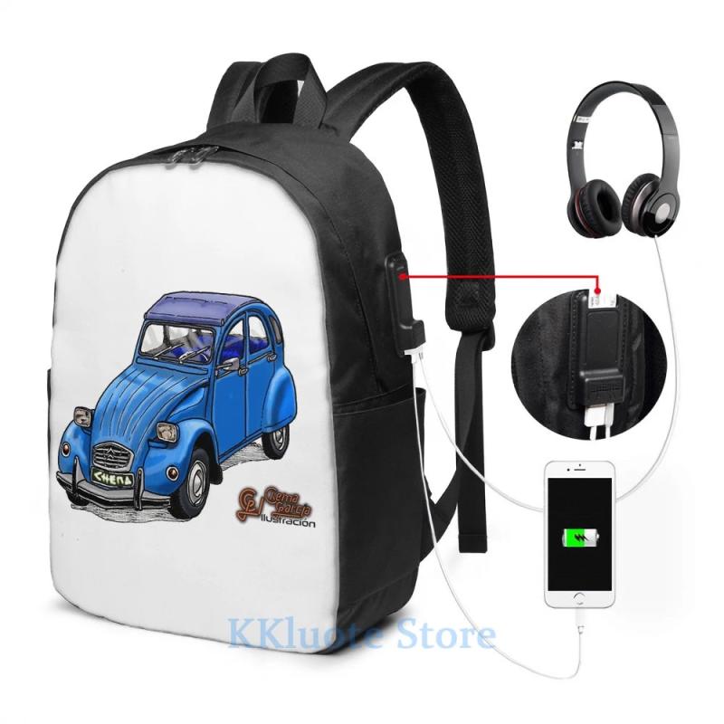 2CV USB Charge Backpack Funny Graphic Print School Bag