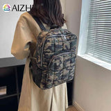 Quilted Cotton Padded Backpack Rhomboid Pattern Zipper Waterproof