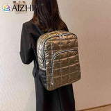 Quilted Cotton Padded Backpack Rhomboid Pattern Zipper Waterproof