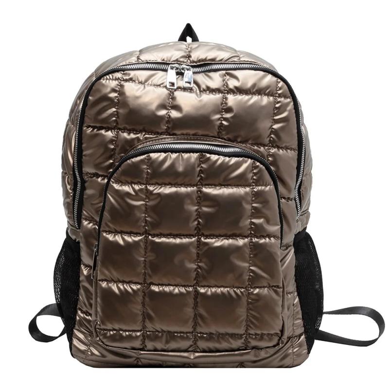 Quilted Cotton Padded Backpack Rhomboid Pattern Zipper Waterproof