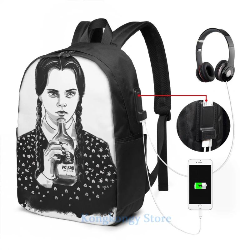 Funny Graphic print Wednesday Addams USB Charge Backpack School Travel