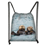 Sea Otters Print Drawstring Bag Marine Life Pattern Backpack