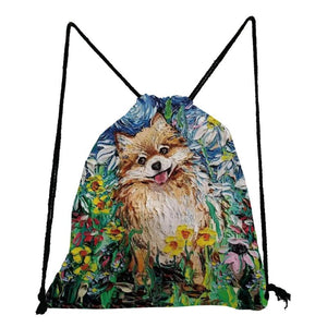 Starry Sky Oil Painting Dog Printed Drawstring Backpack