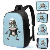 Funny Graphic Crazy Frog Backpack USB Charge School Travel Laptop Bag