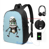 Funny Graphic Crazy Frog Backpack USB Charge School Travel Laptop Bag