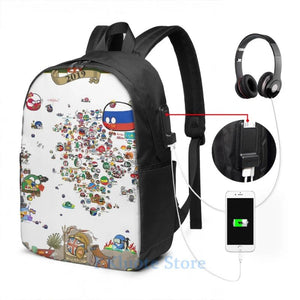 Funny World Map USB Charge Backpack Men Women Travel Laptop Bag