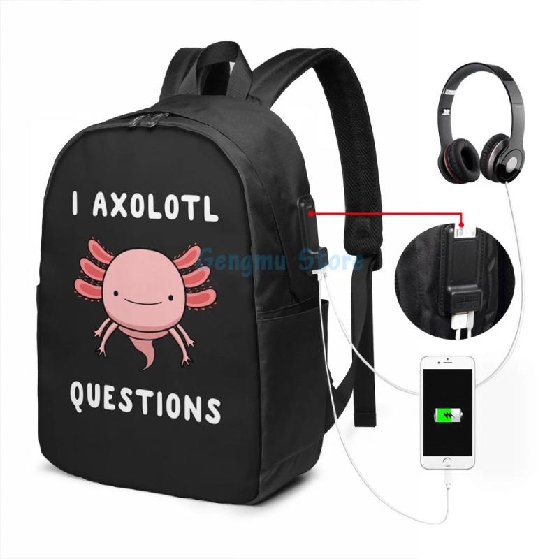 Axolotl USB Charge Backpack School Travel Laptop Bag