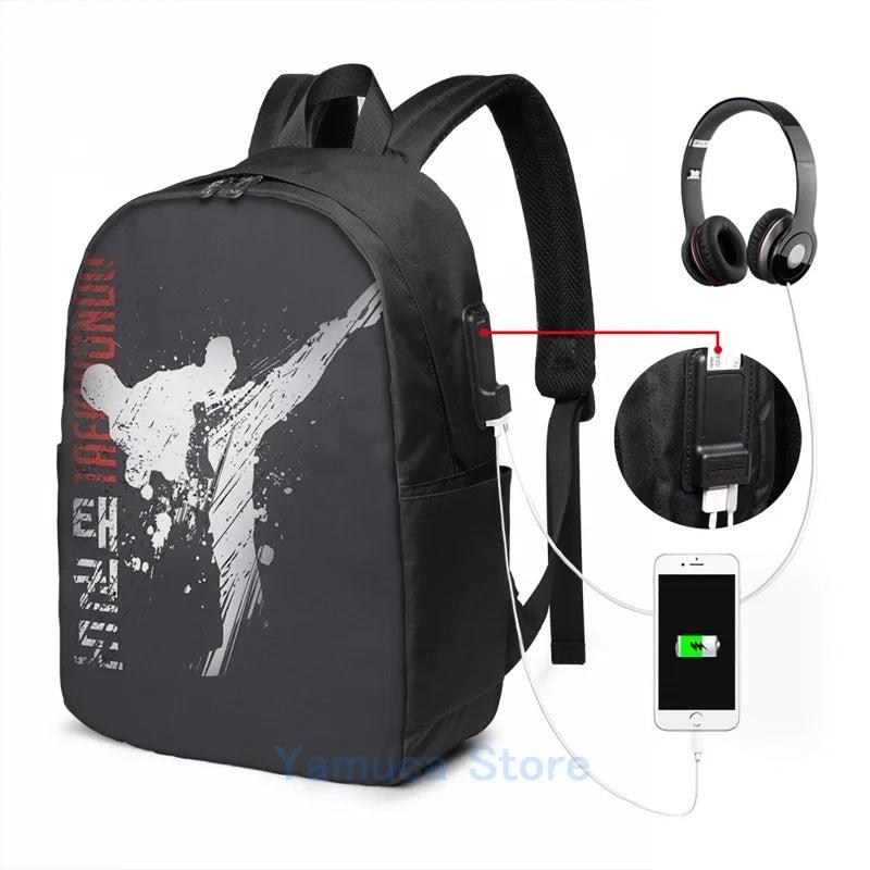 Funny Graphic Taekwondo USB Charge Backpack Men Women School Travel Laptop Bag
