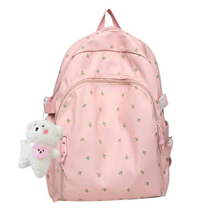 Floral Backpack Nylon Female Preppy Style Capacity Schoolbag with Pendant