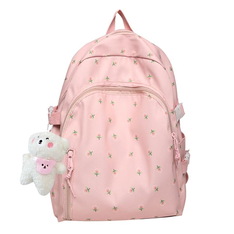 Floral Backpack Nylon Female Preppy Style Capacity Schoolbag with Pendant