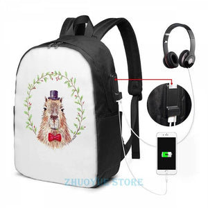 Funny Capybara USB Charge Backpack School Travel Laptop Bag