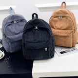 Corduroy Backpack Large Capacity Women Zip Student Schoolbag