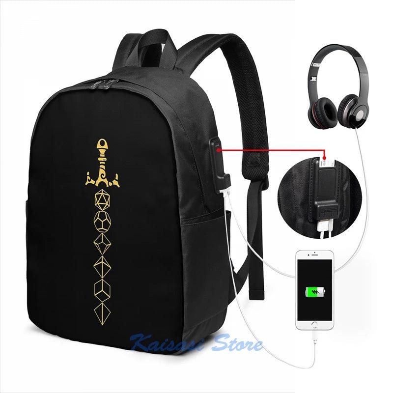 Graphic Dice Set Sword RPG Gaming USB Charge Backpack Men Women School Travel Ba