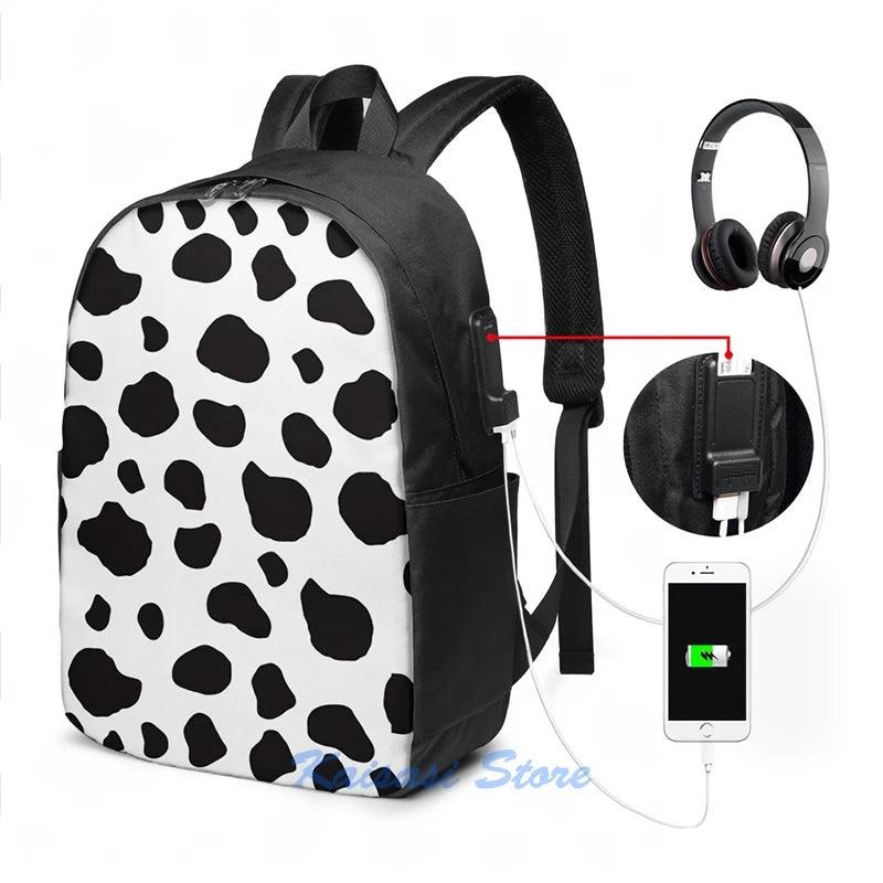 Animal Print Cow Spots USB Charge Backpack School Travel Laptop Bag