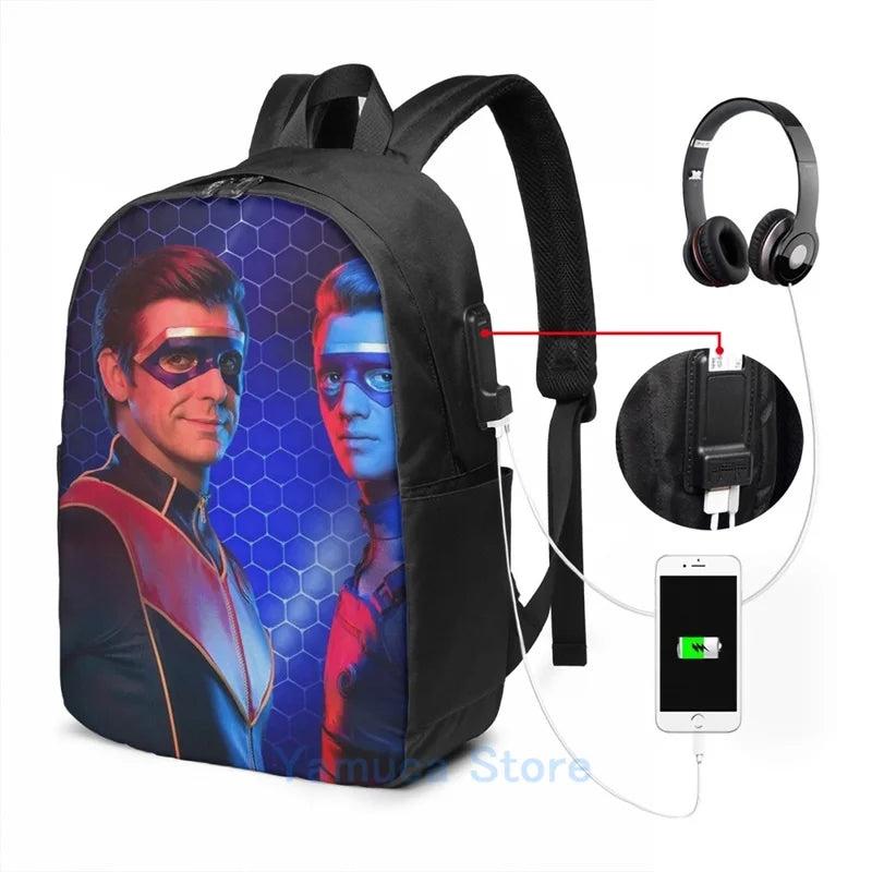 Funny Graphic Captain Man and Kid Danger USB Charge Backpack