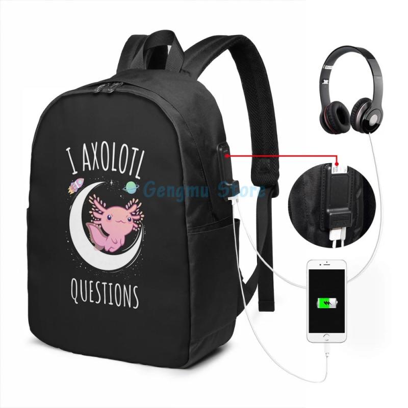 Funny Axolotl Questions USB Charge Backpack for School Travel