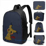 Funny Mimikyu USB Charge Backpack School Travel Laptop Bag