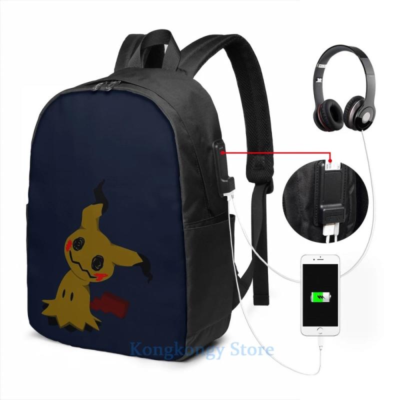 Funny Mimikyu USB Charge Backpack School Travel Laptop Bag