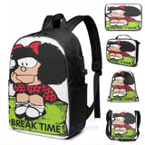 Graphic Print Mafalda Break Time USB Charge Backpack Men Women Travel Bag