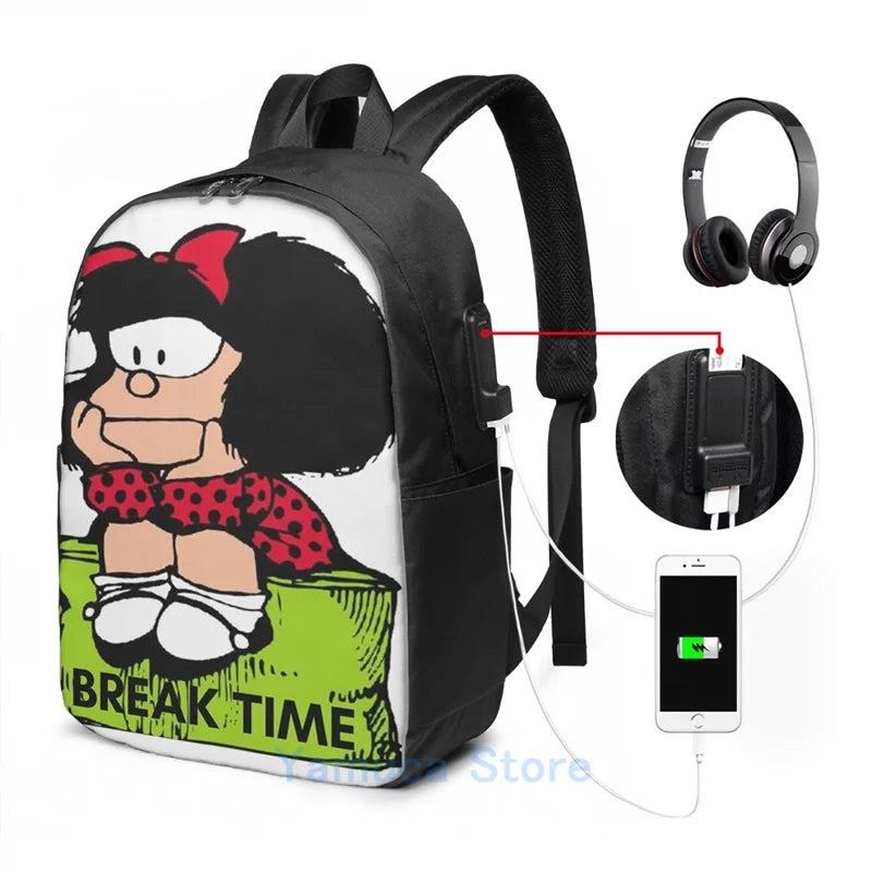 Graphic Print Mafalda Break Time USB Charge Backpack Men Women Travel Bag