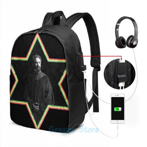 Funny Graphic print Haile Selassie Star of David USB Charge Backpack