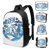 Funny Willow Pattern USB Charge Backpack School Travel Laptop Bag