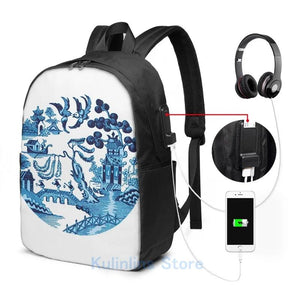 Funny Willow Pattern USB Charge Backpack School Travel Laptop Bag