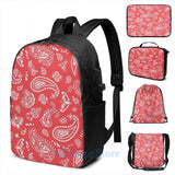 Funny Graphic Print Bandana Seamless Pattern Red USB Charge Backpack