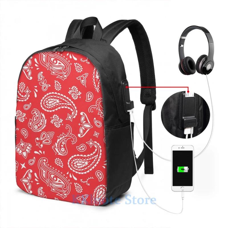 Funny Graphic Print Bandana Seamless Pattern Red USB Charge Backpack