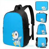 Piplup USB Charge Backpack School Travel Laptop Bag