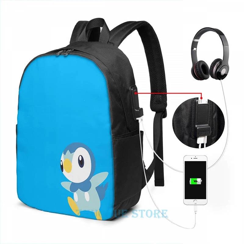 Piplup USB Charge Backpack School Travel Laptop Bag