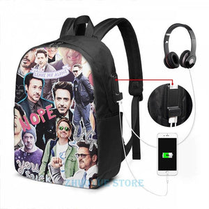 RDJ fangirl USB Backpack for School Travel Laptop Bag