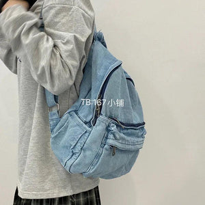 Vintage Washed Denim Backpacks Couple Daily Casual Zippers School Book Backpack