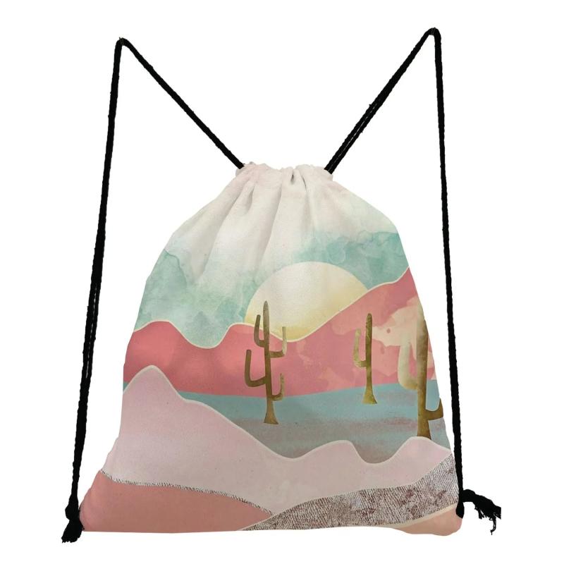 Drawstring Backpack Bag High Capacity Mountain Forest Print Portable
