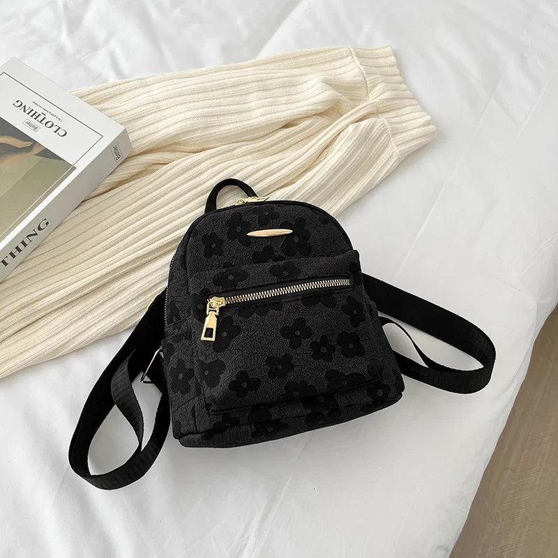 Flower Print Small Canvas Backpack for Girls